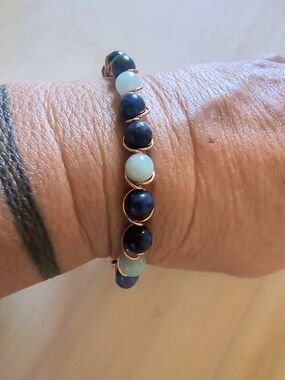 Hand Crafted Navy and Aqua Bead Wire-Wrap Bracelet